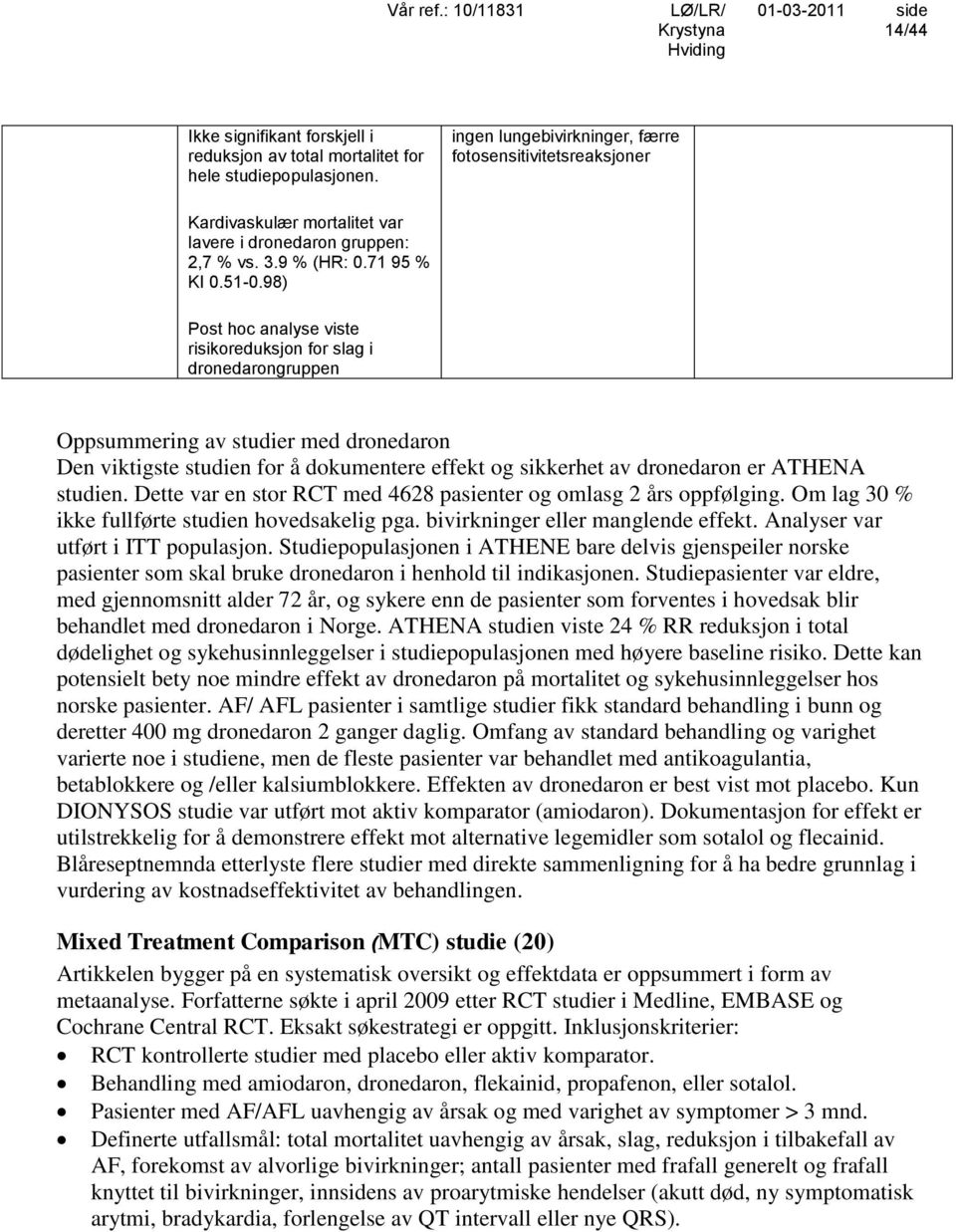 98) Post hoc analyse viste risikoreduksjon for slag i dronedarongruppen Oppsummering av studier med dronedaron Den viktigste studien for å dokumentere effekt og sikkerhet av dronedaron er ATHENA