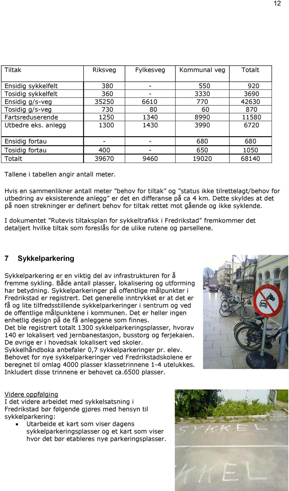 Hvis en sammenlikner antall meter behov for tiltak og status ikke tilrettelagt/behov for utbedring av eksisterende anlegg er det en differanse på ca 4 km.