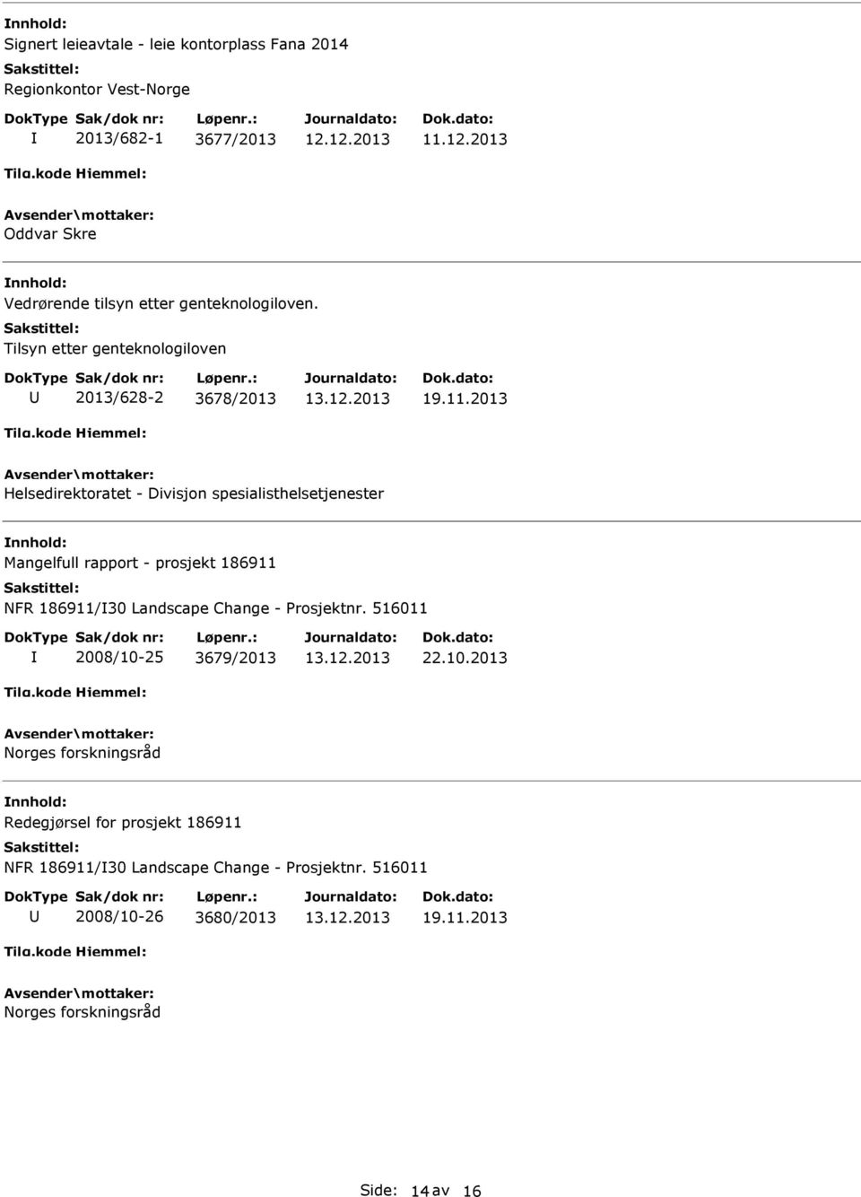 12.2013 Oddvar Skre Vedrørende tilsyn etter genteknologiloven. Tilsyn etter genteknologiloven 2013/628-2 3678/2013 19.11.