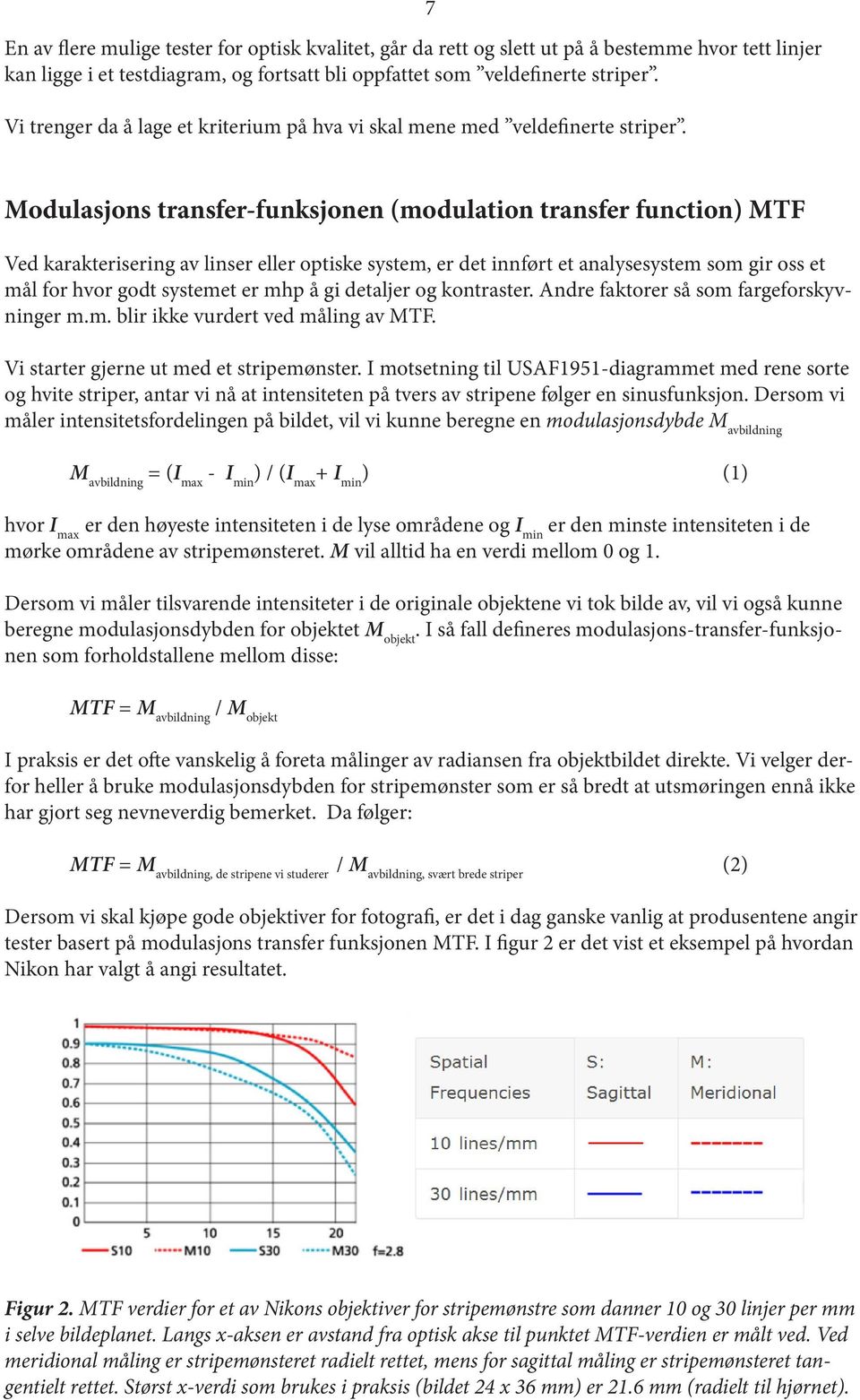 7 Modulasjons transfer-funksjonen (modulation transfer function) MTF Ved karakterisering av linser eller optiske system, er det innført et analysesystem som gir oss et mål for hvor godt systemet er