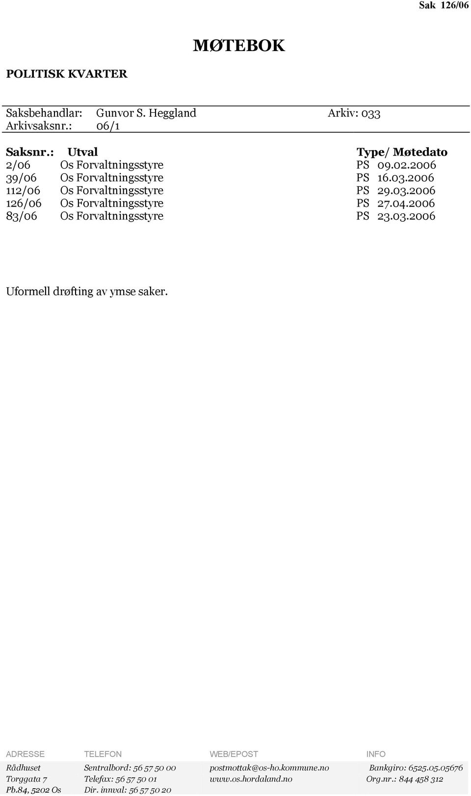 04.2006 83/06 Os Forvaltningsstyre PS 23.03.2006 Uformell drøfting av ymse saker.