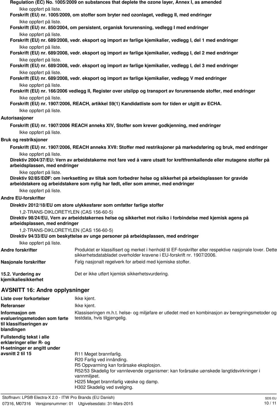 eksport og import av farlige kjemikalier, vedlegg I, del 1 med endringer Forskrift (EU) nr. 689/2008, vedr. eksport og import av farlige kjemikalier, vedlegg I, del 2 med endringer Forskrift (EU) nr.