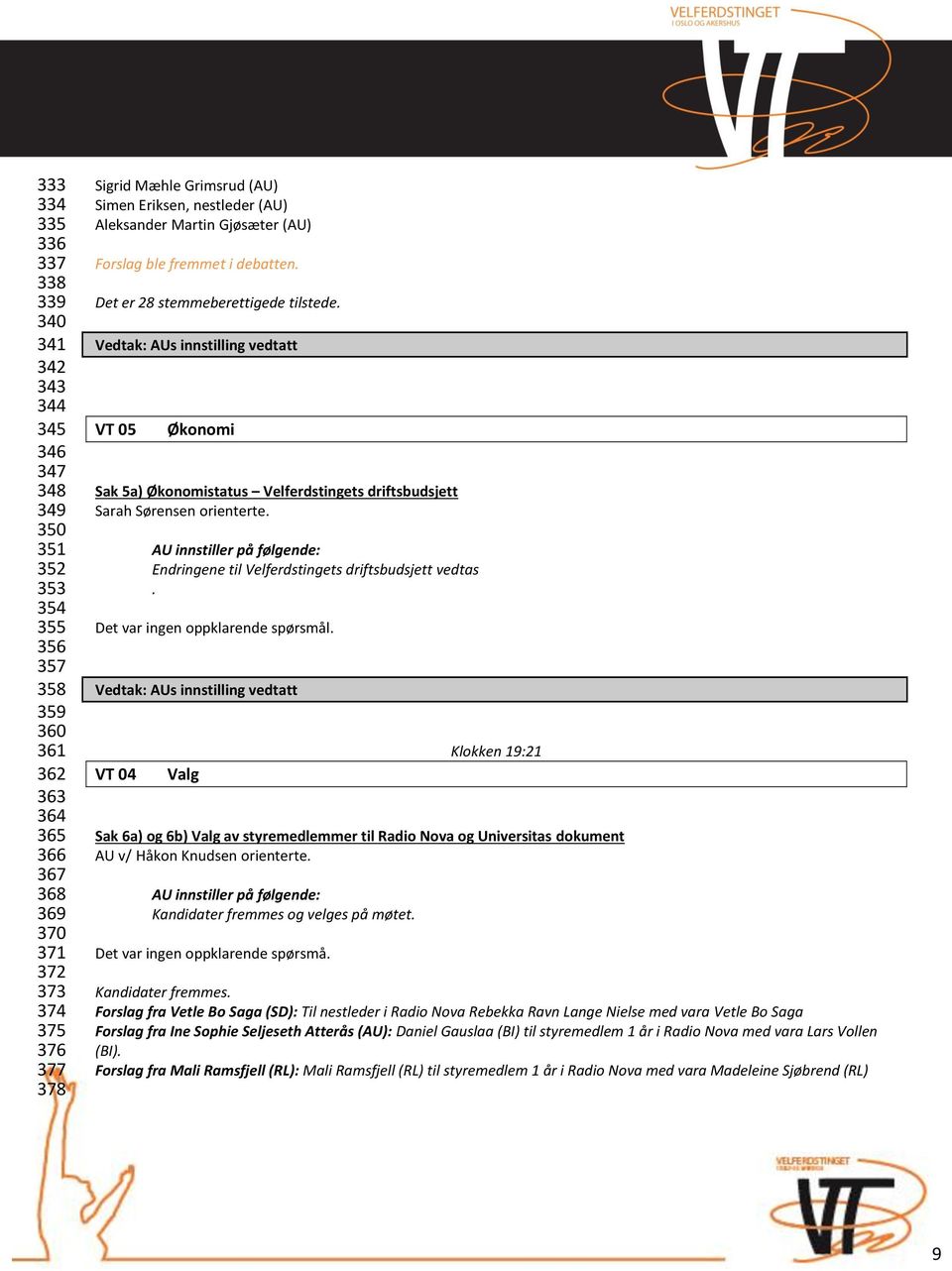 Vedtak: AUs innstilling vedtatt VT 05 Økonomi Sak 5a) Økonomistatus Velferdstingets driftsbudsjett Sarah Sørensen orienterte. Endringene til Velferdstingets driftsbudsjett vedtas.