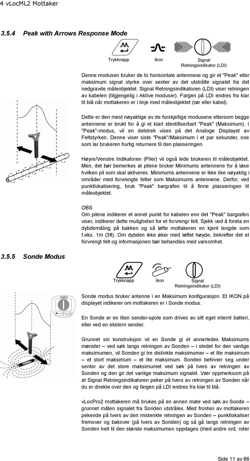 utstrålte signalet fra det nedgravde måleobjektet. Signal Retningsindikatoren (LDI) viser retningen av kabelen (tilgjengelig i Aktive moduser).