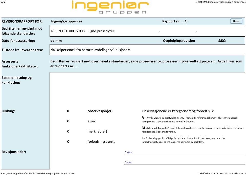 prosedyrer og prosesser i følge vedtatt program. Avdelinger som er revidert i år:.