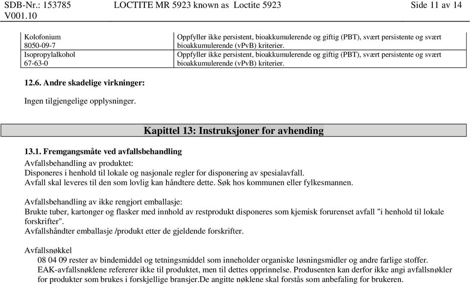 Kapittel 13: Instruksjoner for avhending 13.1. Fremgangsmåte ved avfallsbehandling Avfallsbehandling av produktet: Disponeres i henhold til lokale og nasjonale regler for disponering av spesialavfall.