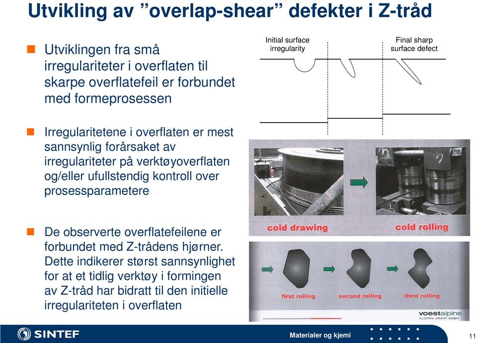 irregulariteter på verktøyoverflaten og/eller ufullstendig kontroll over prosessparametere De observerte overflatefeilene er forbundet med Z-trådens