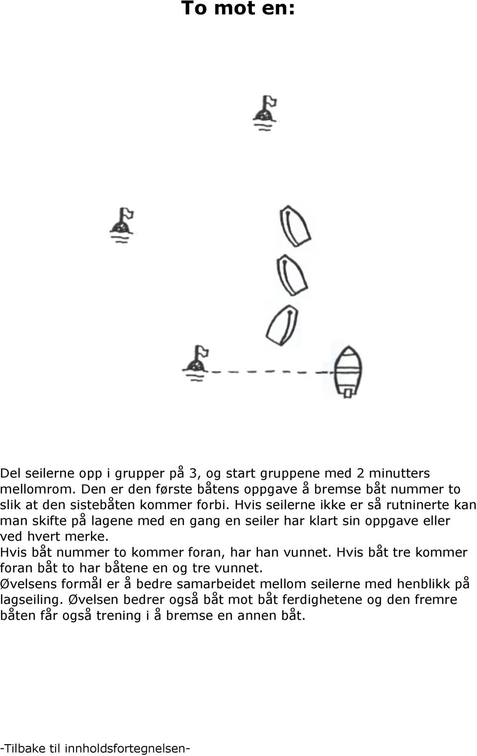 Hvis seilerne ikke er så rutninerte kan man skifte på lagene med en gang en seiler har klart sin oppgave eller ved hvert merke.