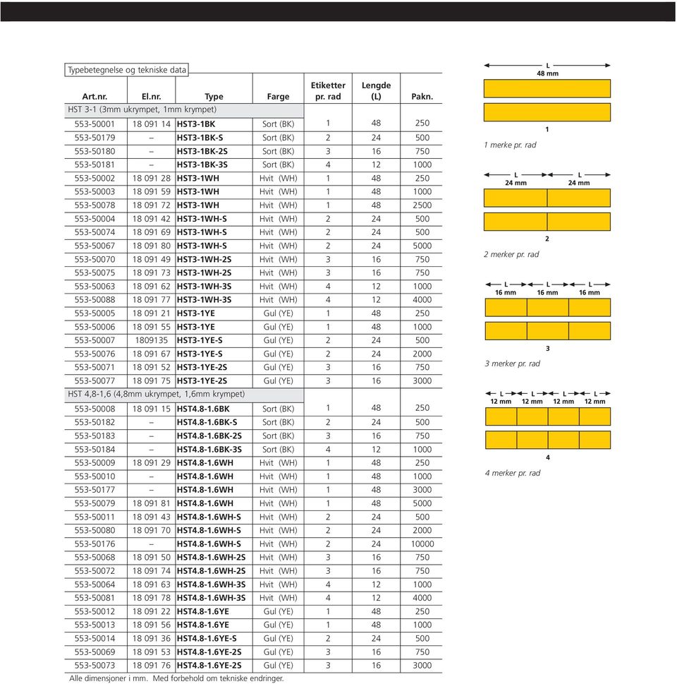 12 1000 553-50002 18 091 28 HST3-1WH Hvit (WH) 1 48 250 553-50003 18 091 59 HST3-1WH Hvit (WH) 1 48 1000 553-50078 18 091 72 HST3-1WH Hvit (WH) 1 48 2500 553-50004 18 091 42 HST3-1WH-S Hvit (WH) 2 24