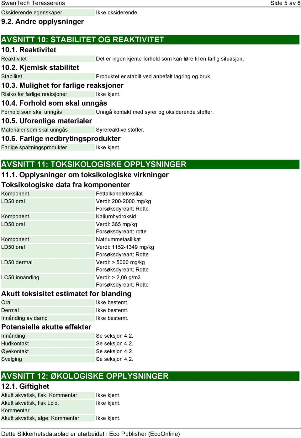 Uforenlige materialer Materialer som skal unngås Syrereaktive stoffer. 10.6. Farlige nedbrytingsprodukter Farlige spaltningsprodukter Ikke kjent.