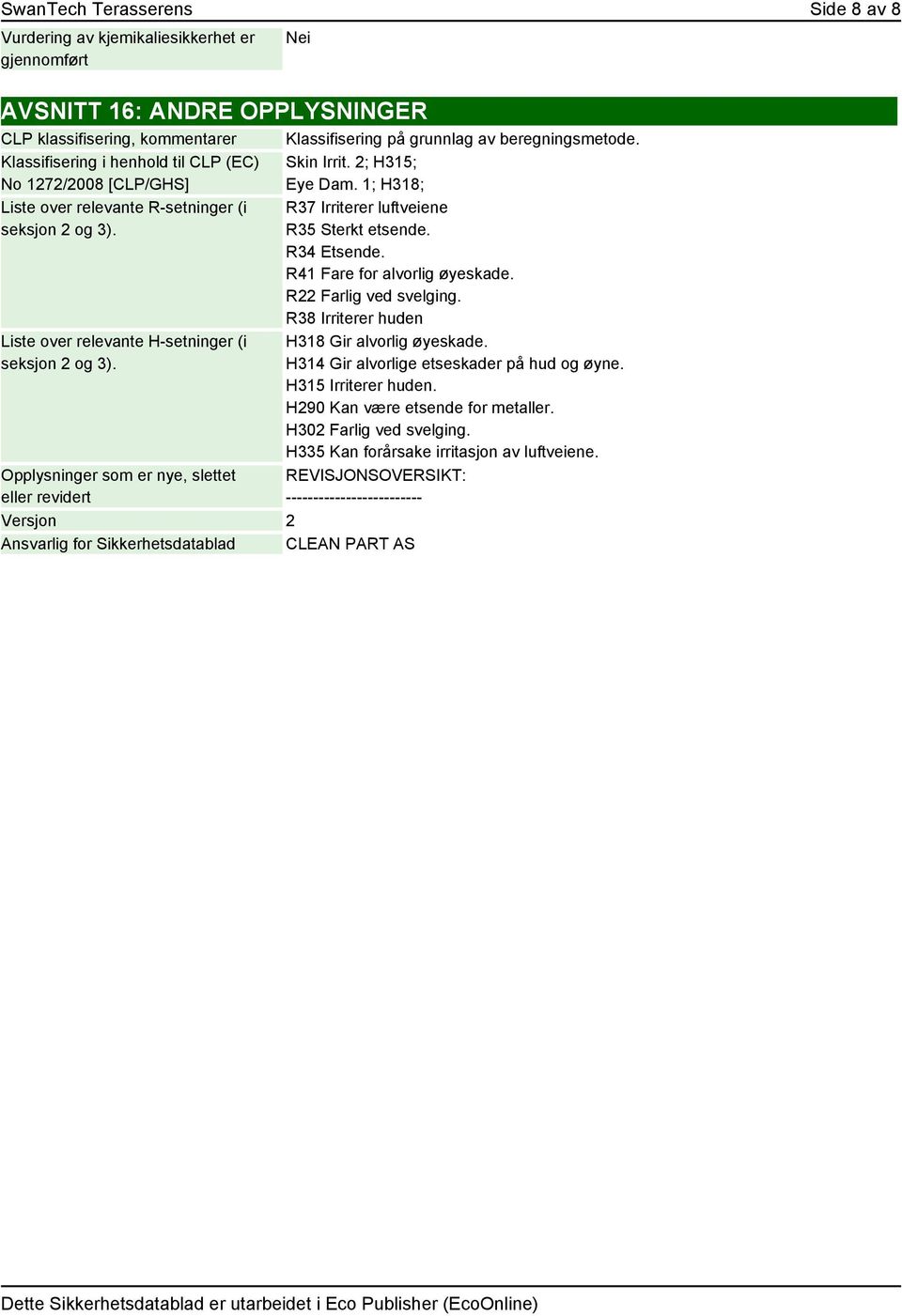 Opplysninger som er nye, slettet eller revidert Versjon 2 Ansvarlig for Sikkerhetsdatablad CLEAN PART AS Klassifisering på grunnlag av beregningsmetode. Skin Irrit. 2; H315; Eye Dam.