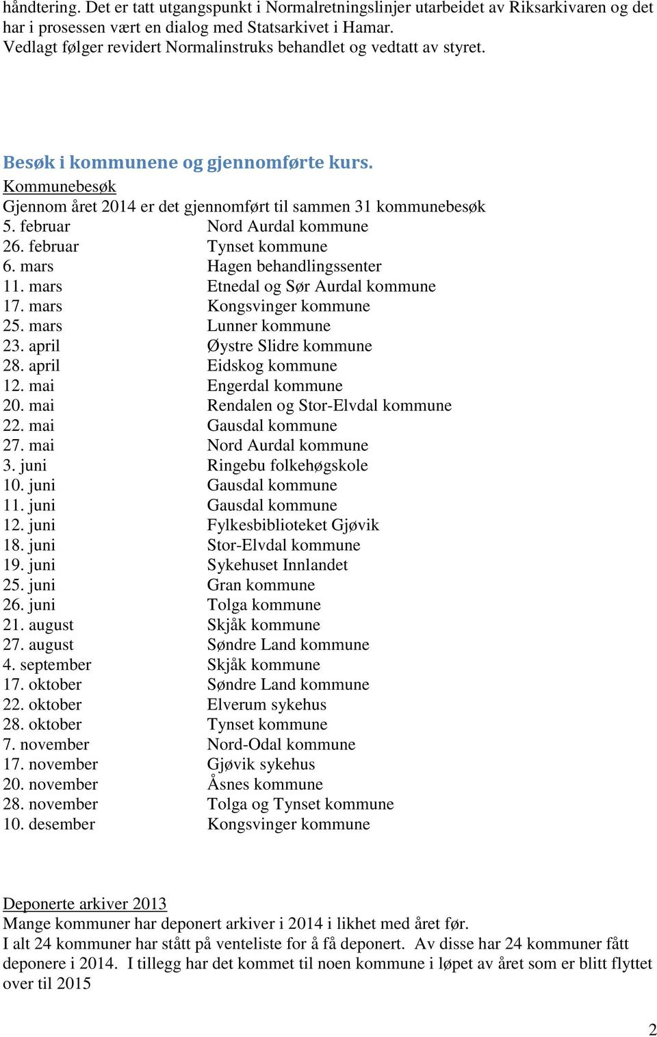 februar Nord Aurdal kommune 26. februar Tynset kommune 6. mars Hagen behandlingssenter 11. mars Etnedal og Sør Aurdal kommune 17. mars Kongsvinger kommune 25. mars Lunner kommune 23.