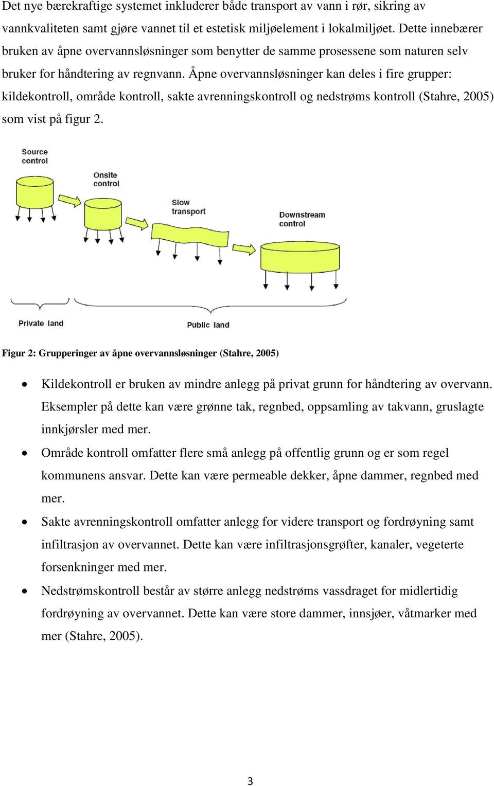 Åpne overvannsløsninger kan deles i fire grupper: kildekontroll, område kontroll, sakte avrenningskontroll og nedstrøms kontroll (Stahre, 2005) som vist på figur 2.