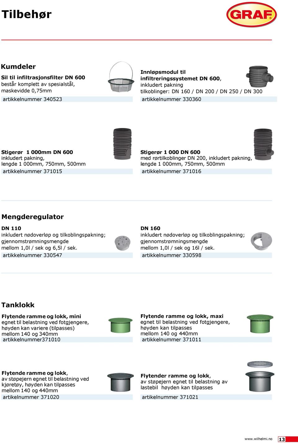 engde 1 000mm, 750mm, 500mm artikkenummer 371016 Mengdereguator DN 110 inkudert nødoverøp og tikobingspakning; gjennomstrømningsmengde meom 1,0 / sek og 6,5 / sek.