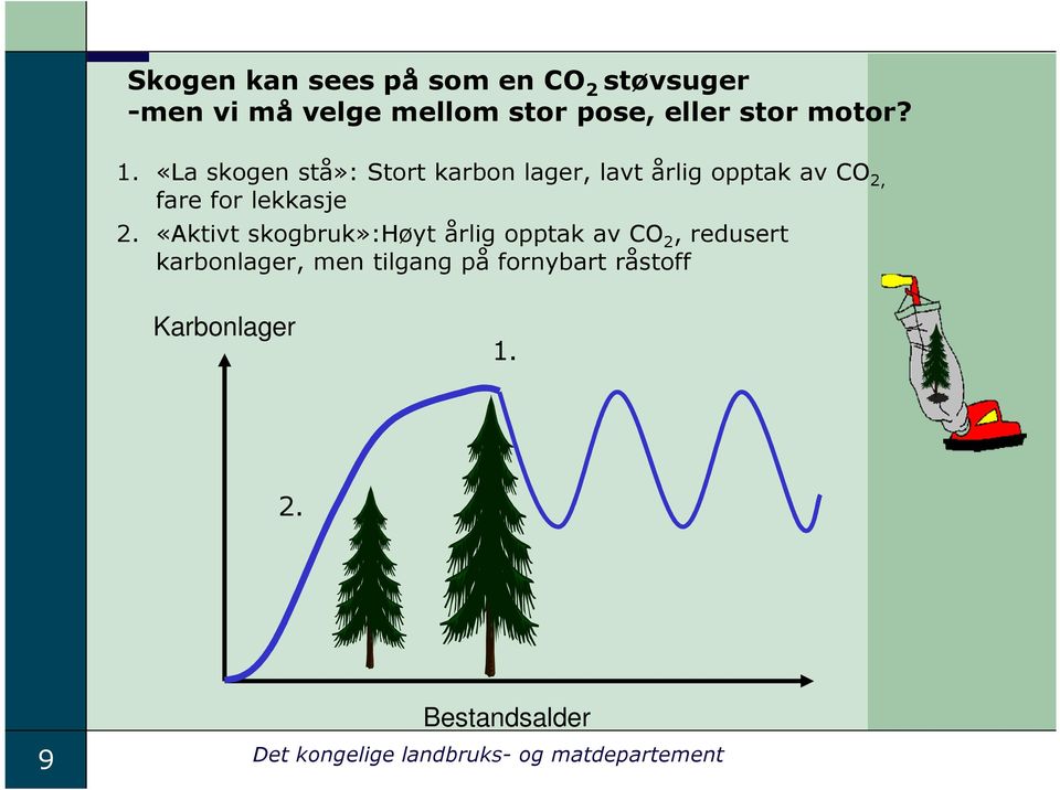 «La skogen stå»: Stort karbon lager, lavt årlig opptak av CO 2, fare for lekkasje 2.