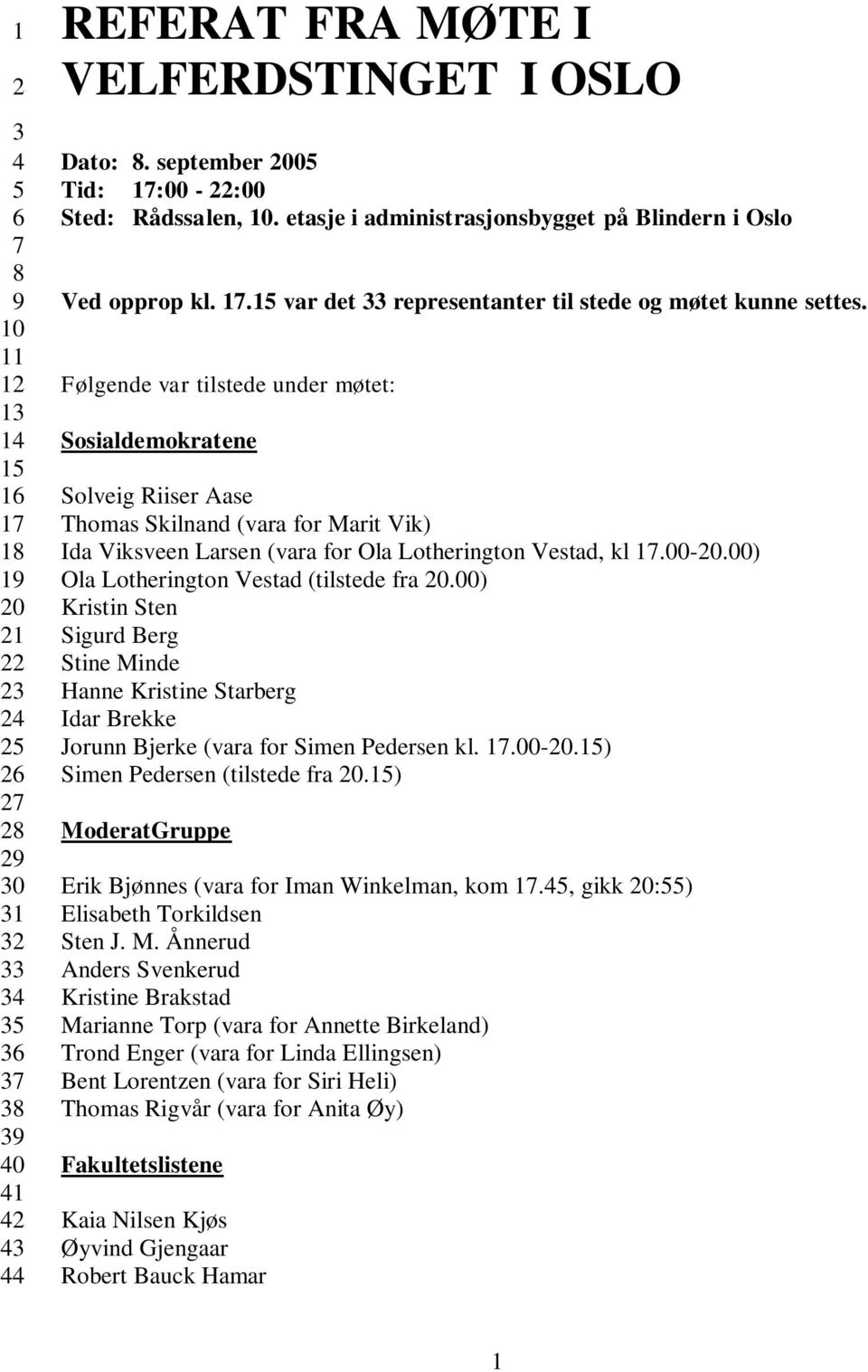 Følgende var tilstede under møtet: Sosialdemokratene Solveig Riiser Aase Thomas Skilnand (vara for Marit Vik) Ida Viksveen Larsen (vara for Ola Lotherington Vestad, kl 17.00-20.