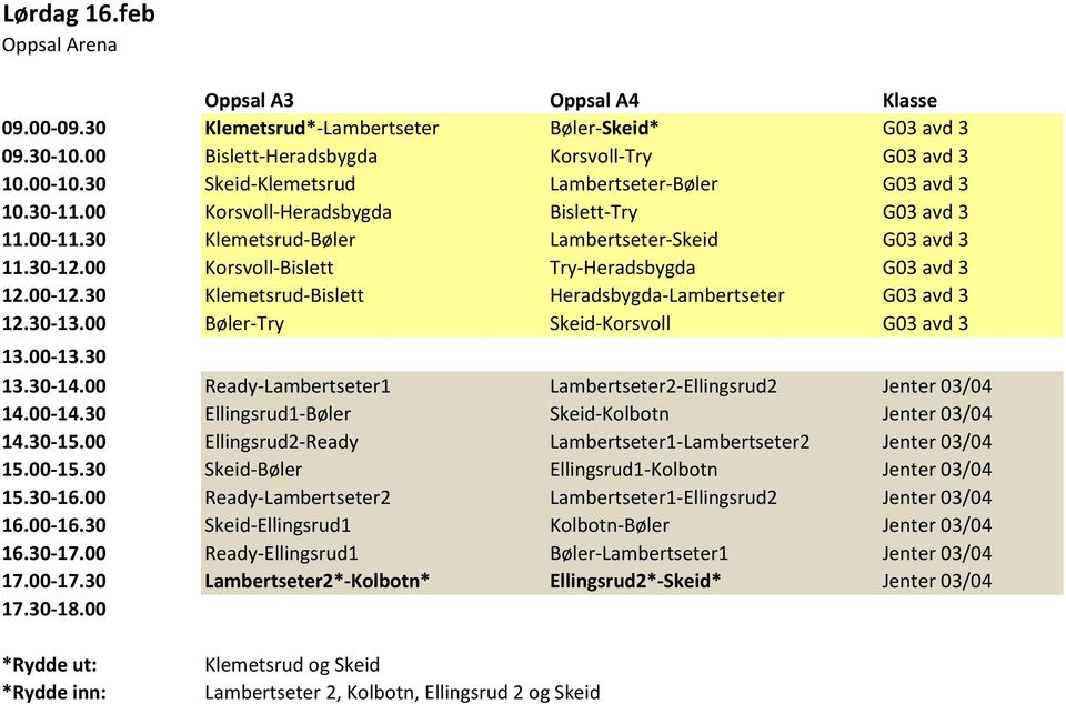 00 Korsvoll-Bislett Try-Heradsbygda G03 avd 3 12.00-12.30 Klemetsrud-Bislett Heradsbygda-Lambertseter G03 avd 3 12.30-13.00 Bøler-Try Skeid-Korsvoll G03 avd 3 13.30-14.