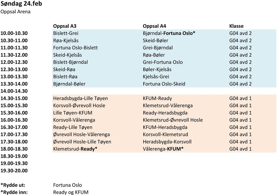 00 Skeid-Røa Bøler-Kjelsås G04 avd 2 Bislett-Røa Kjelsås-Grei G04 avd 2 13.30-14.00 Bjørndal-Bøler Fortuna Oslo-Skeid G04 avd 2 14.00-14.30 14.30-15.00 Heradsbygda-Lille Tøyen KFUM-Ready G04 avd 1 15.