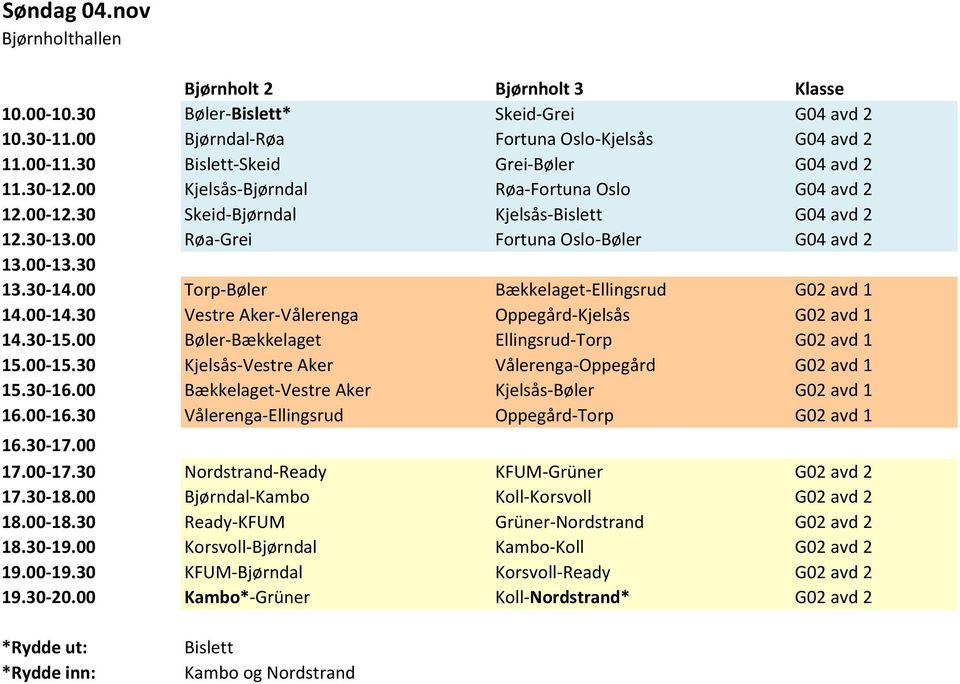 00 Torp-Bøler Bækkelaget-Ellingsrud G02 avd 1 14.00-14.30 Vestre Aker-Vålerenga Oppegård-Kjelsås G02 avd 1 14.30-15.00 Bøler-Bækkelaget Ellingsrud-Torp G02 avd 1 15.00-15.