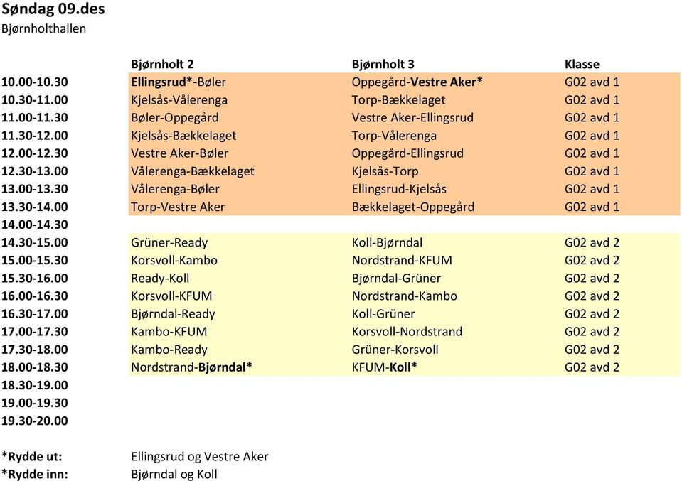 00 Vålerenga-Bækkelaget Kjelsås-Torp G02 avd 1 Vålerenga-Bøler Ellingsrud-Kjelsås G02 avd 1 13.30-14.00 Torp-Vestre Aker Bækkelaget-Oppegård G02 avd 1 14.00-14.30 14.30-15.