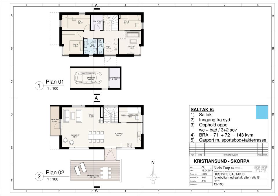 8 m² SLTK : ) Saltak ) Inngang fra syd 3) Opphold oppe wc + bad / 3+ sov 4) R = 7 + 7 = 43 kvm 5) arport m.