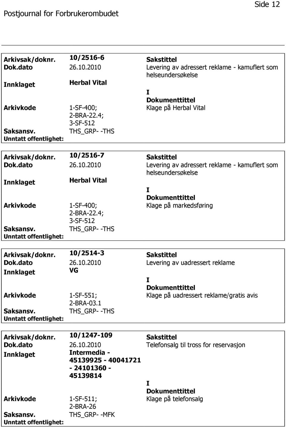 4; 3-SF-512 Klage på markedsføring Arkivsak/doknr. 10/2514-3 Sakstittel Dok.dato 26.10.2010 Levering av uadressert reklame VG 1-SF-551; Klage på uadressert reklame/gratis avis 2-BRA-03.