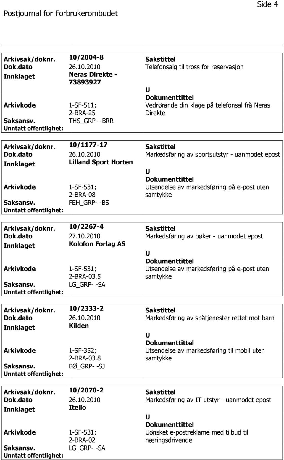 10/2267-4 Sakstittel Dok.dato 27.10.2010 Markedsføring av bøker - uanmodet epost Kolofon Forlag AS 2-BRA-03.5 tsendelse av markedsføring på e-post uten samtykke LG_GRP- -SA Arkivsak/doknr.