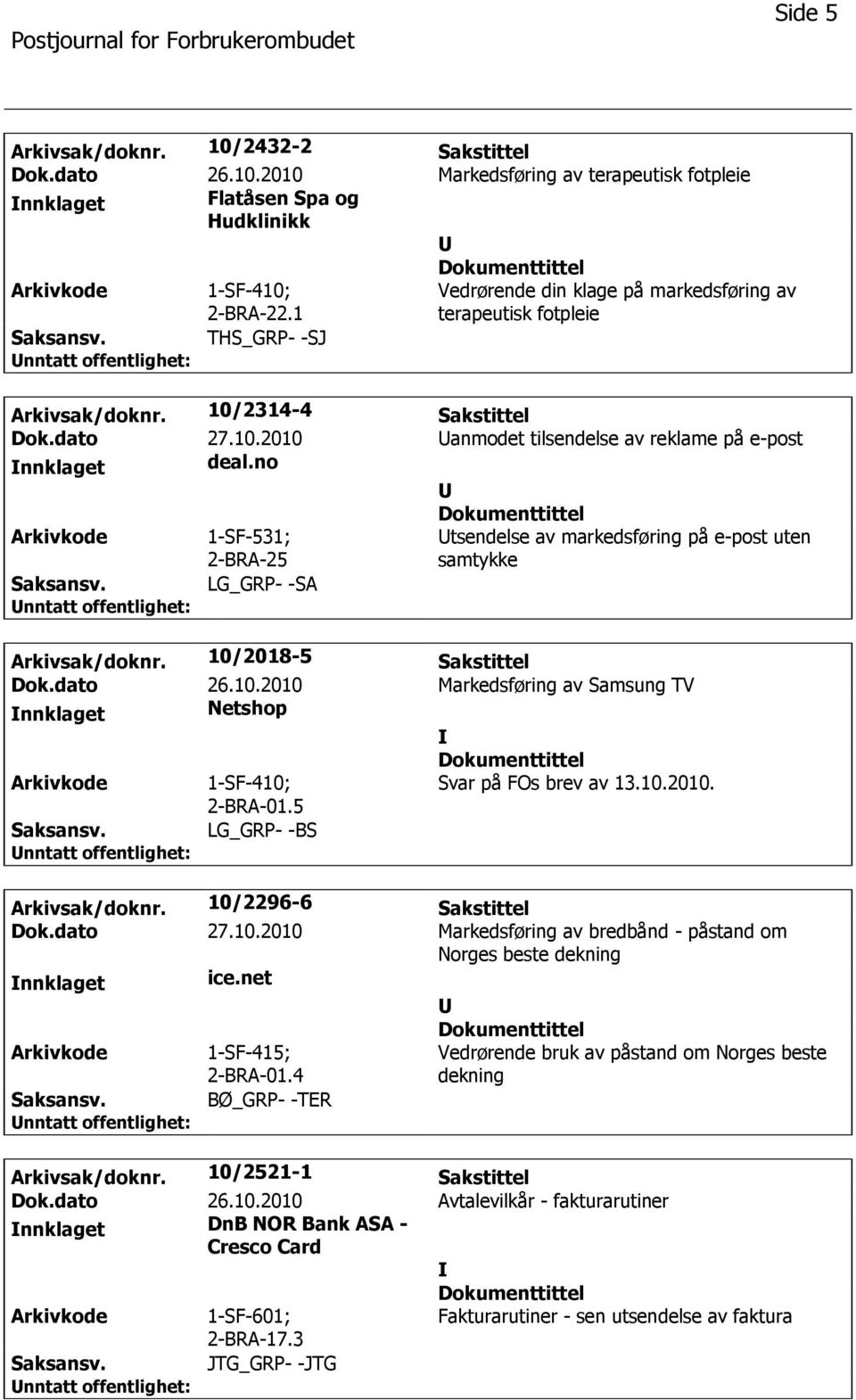 no tsendelse av markedsføring på e-post uten samtykke LG_GRP- -SA Arkivsak/doknr. 10/2018-5 Sakstittel Dok.dato 26.10.2010 Markedsføring av Samsung TV Netshop 1-SF-410; Svar på FOs brev av 13.10.2010. 2-BRA-01.