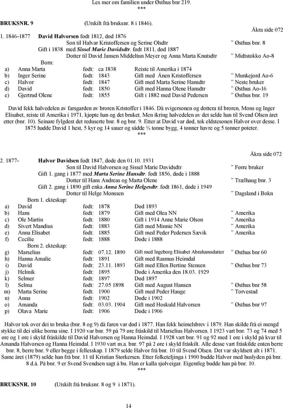 født 1811, død 1887 Dotter til David Jansen Middeltun Meyer og Anna Marta Knutsdtr Midtstokko Ao-8 a) Anna Marta født: ca 1838 Reiste til Amerika i 1874 b) Inger Serine født: 1843 Gift med Ånen