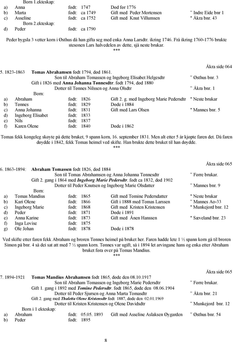 Frå ikring 1760-1776 brukte stesonen Lars halvedelen av dette, sjå neste brukar. Åkra side 064 5. 1823-1863 Tomas Abrahamsen født 1794, død 1861.