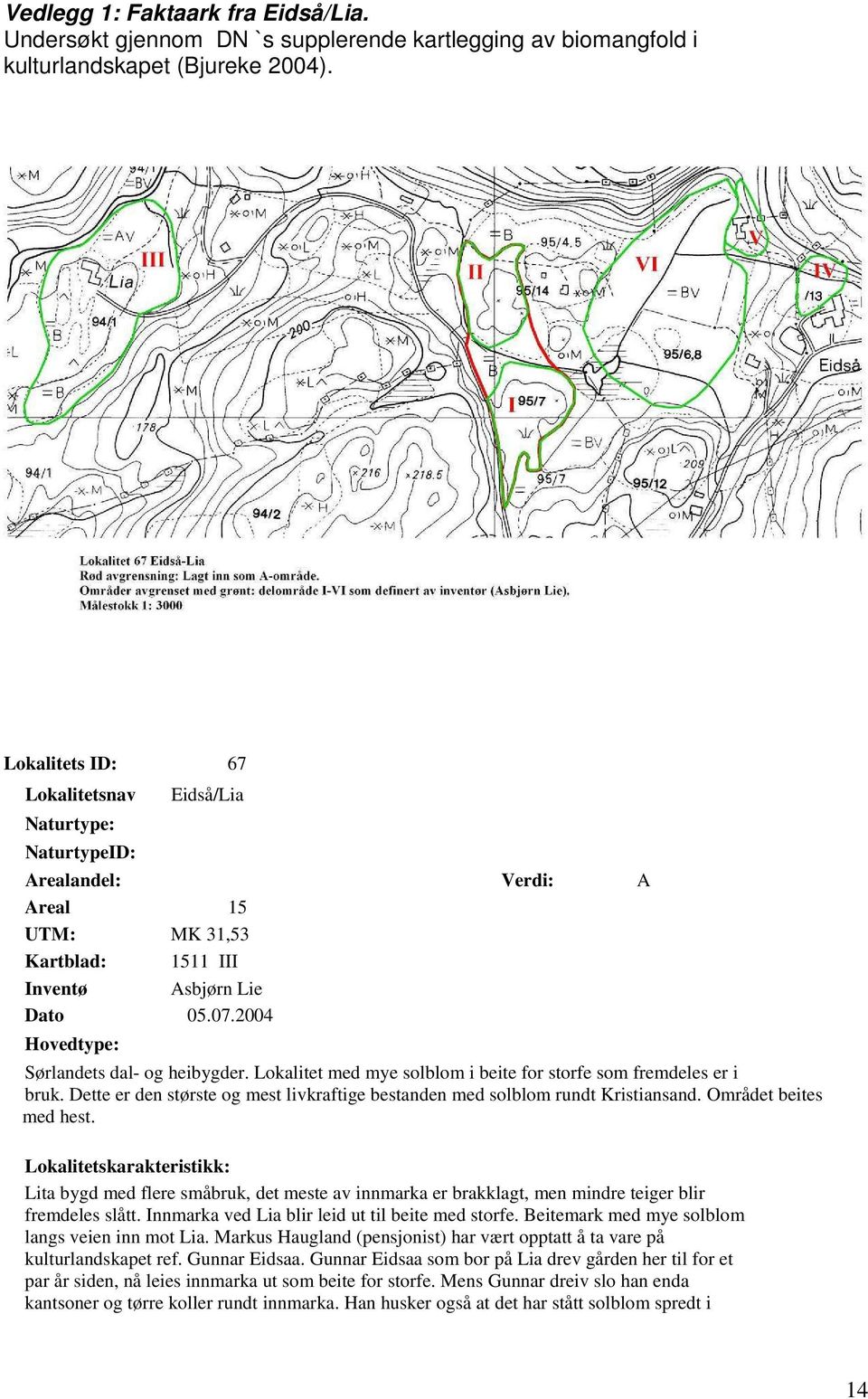 2004 Hovedtype: Sørlandets dal- og heibygder. Lokalitet med mye solblom i beite for storfe som fremdeles er i bruk. Dette er den største og mest livkraftige bestanden med solblom rundt Kristiansand.