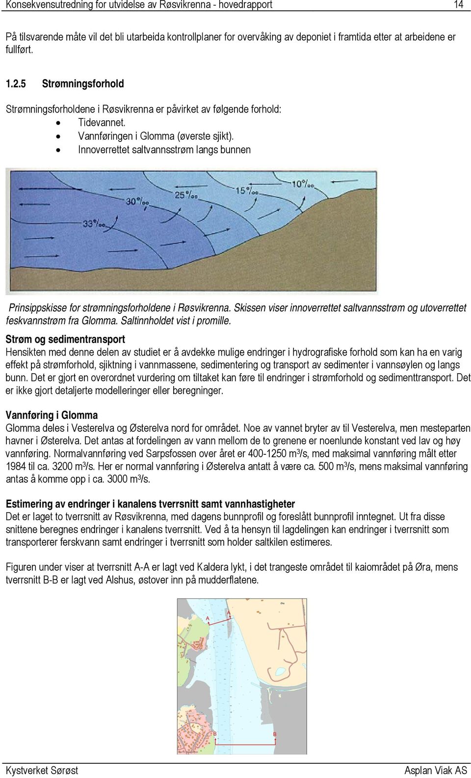 Innoverrettet saltvannsstrøm langs bunnen Prinsippskisse for strømningsforholdene i Røsvikrenna. Skissen viser innoverrettet saltvannsstrøm og utoverrettet feskvannstrøm fra Glomma.