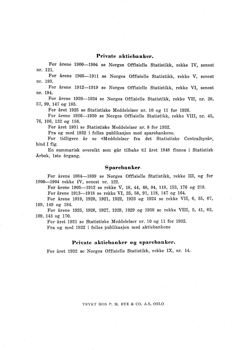 For året 1925 se Statistiske Meddelelser nr. 10 og 11 for 1926. For årene 1926-1930 se Norges Offisielle Statistikk, rekke VIII, nr. 45, 76, 106, 132 og 156.