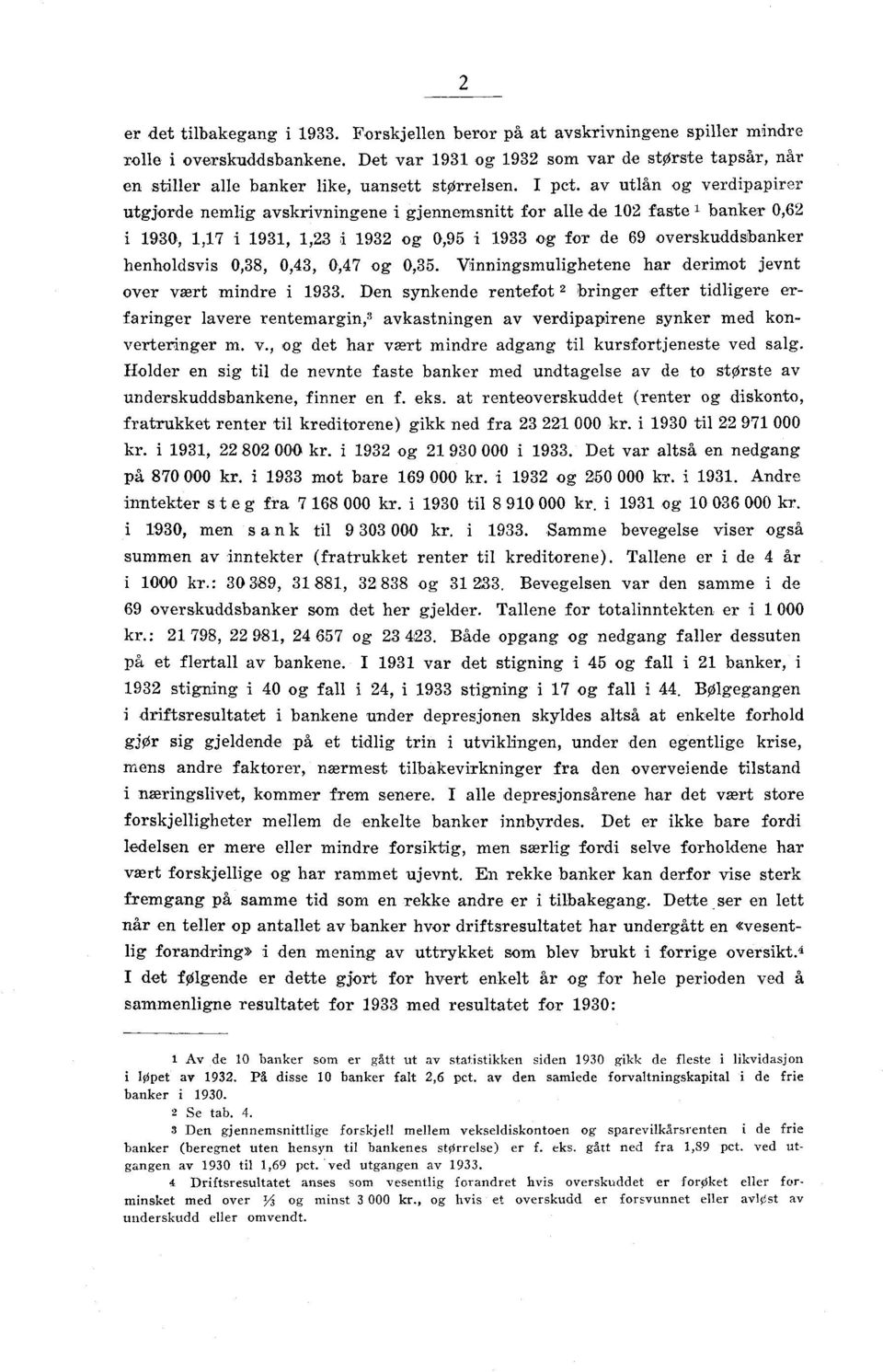 av utlån og verdipapirer utgjorde nemlig avskrivningene i gjennemsnitt for alle de 102 fastel banker 0,62 i 1930, 1,17 i 1931, 1,23 i 1932 og 0,95 i og for de 69 overskuddsbanker henholdsvis 0,38,