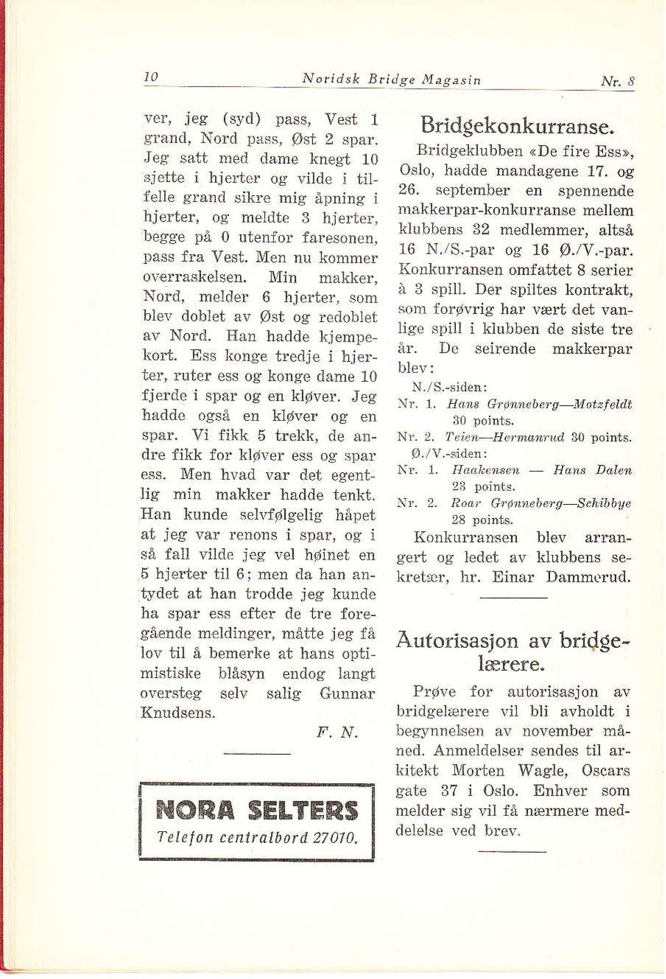 Min måkker, Nord, melder 6 hjerte]', som bie\, doblet åv øst og redoblet å\' Nord. IIår hadde kjempe ko14. Ess konge tredje i hierter, ruter ess og konge dame 10 fj rde i spar og en kløver.