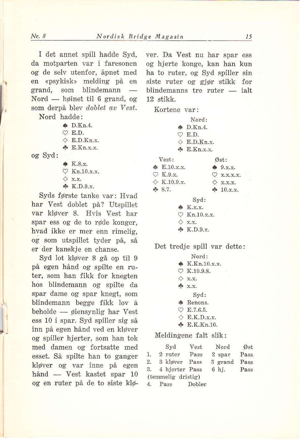 "" V6t. Nold hadde: å D.Kn.4. (2 E.D, + E.D.Kr.x. + E.(n.x.xog Syd: a K.8 x (2 Kr.10.x.4. t K.D.0.:, Syds første tånke var: I{våd hår Yest doblet på? Utspitlet var kløver 8.