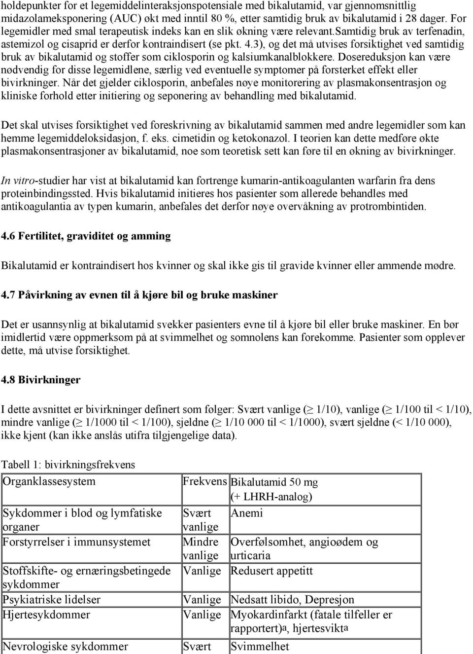 3), og det må utvises forsiktighet ved samtidig bruk av bikalutamid og stoffer som ciklosporin og kalsiumkanalblokkere.