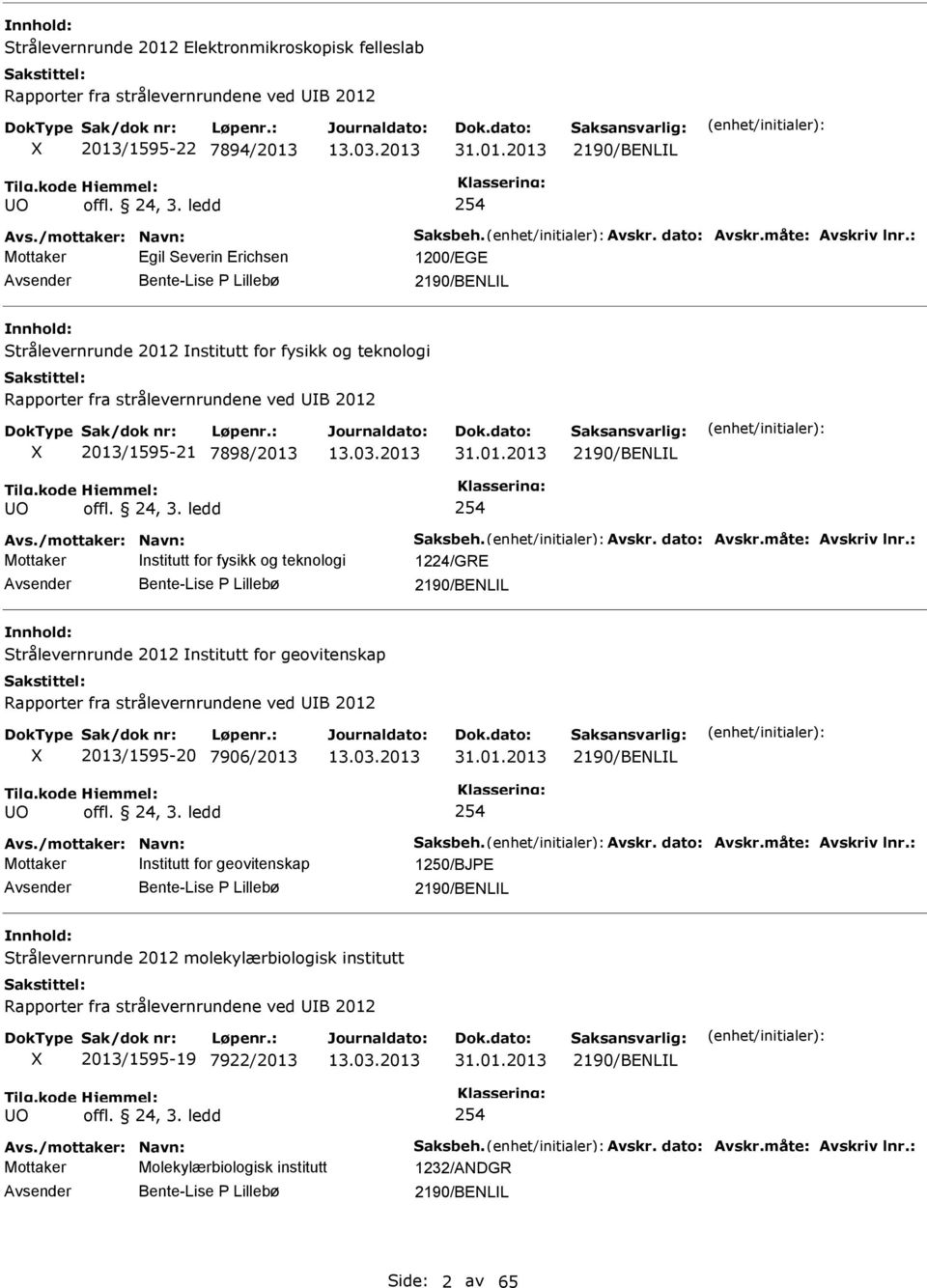 : Mottaker Egil Severin Erichsen 1200/EGE Bente-Lise Lillebø 2190/BENLL Strålevernrunde 2012 nstitutt for fysikk og teknologi Rapporter fra strålevernrundene ved B 2012 2013/1595-21 7898/2013 31.01.2013 2190/BENLL O offl.