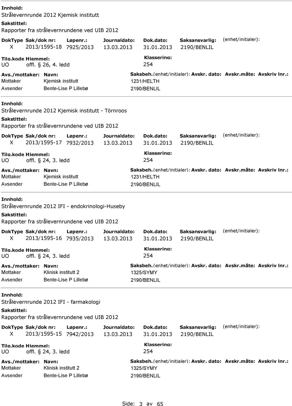 : Mottaker Kjemisk institutt 1231/HELTH Bente-Lise Lillebø 2190/BENLL Strålevernrunde 2012 Kjemisk institutt - Törnroos Rapporter fra strålevernrundene ved B 2012 2013/1595-17 7932/2013 31.01.2013 2190/BENLL O offl.