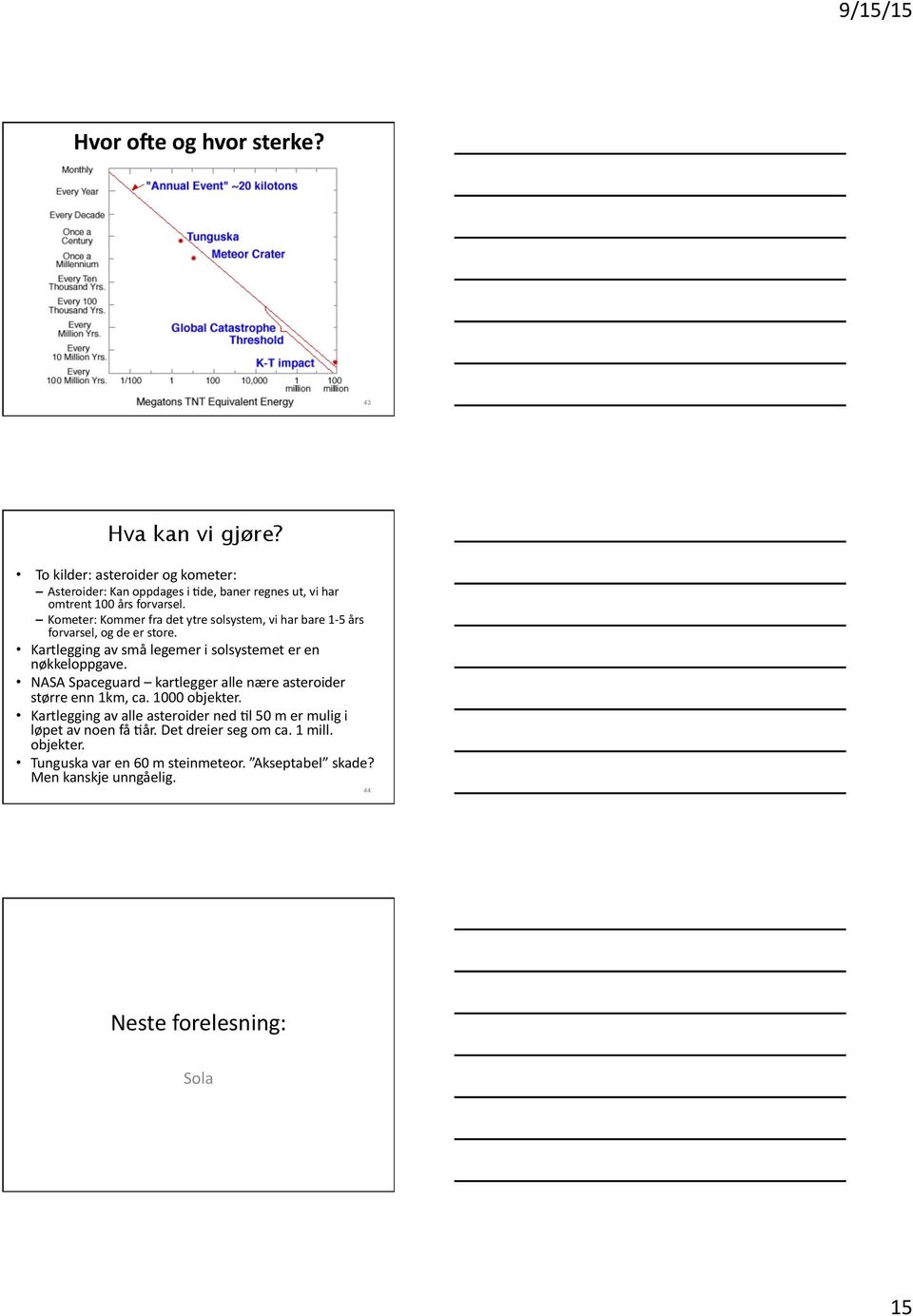 Kometer: Kommer fra det ytre solsystem, vi har bare 1-5 års forvarsel, og de er store. Kartlegging av små legemer i solsystemet er en nøkkeloppgave.