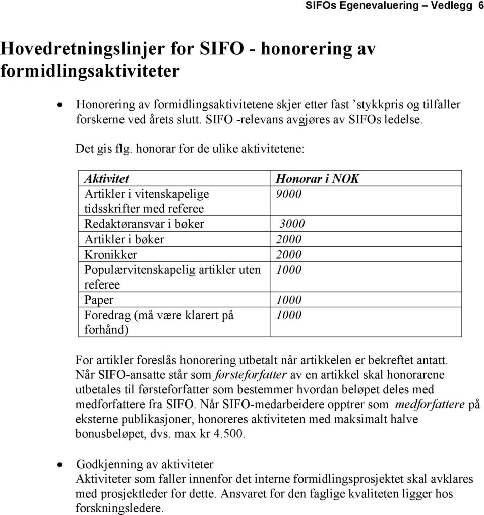 honorar for de ulike aktivitetene: Aktivitet Honorar i NOK Artikler i vitenskapelige 9000 tidsskrifter med referee Redaktøransvar i bøker 3000 Artikler i bøker 2000 Kronikker 2000