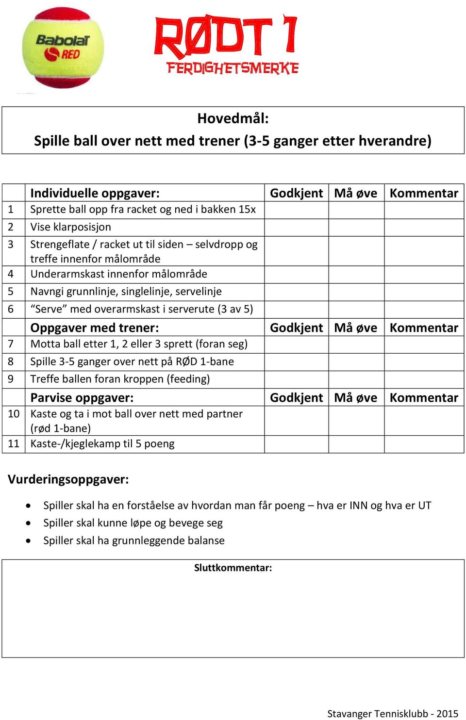 Oppgaver med trener: 7 Motta ball etter 1, 2 eller 3 sprett (foran seg) 8 Spille 3-5 ganger over nett på RØD 1-bane 9 Treffe ballen foran kroppen (feeding) Parvise oppgaver: 10 Kaste og ta i mot ball