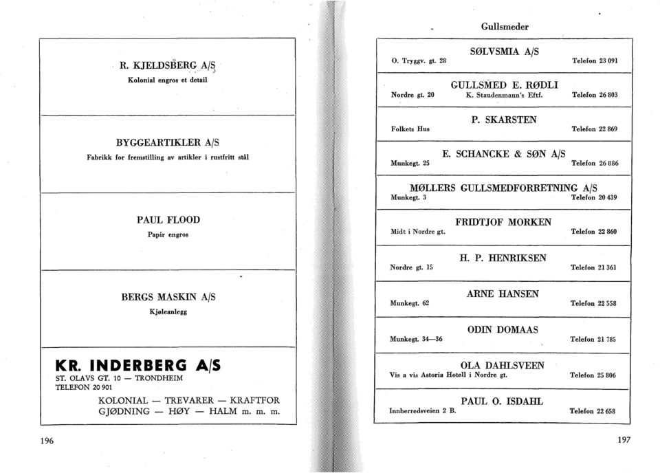 3 Telefon 20439 PAUL FLOOD Papir engros FRIDTJOF MORKEN Midt i Nordre gt. Telefon 22 860 H. P. HENRIKSEN Nordre gt. 15 Telefon 21 361 BERGS MASKIN A/S Kjøleanlegg ARNE HANSEN Munkegt.