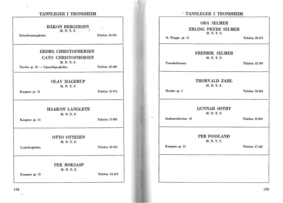 N. T. F. Kongens gt. 15 Telefon 25 974 THORVALD ZAHL M. N. T. F. Nordre gt. 2 Telefon 22 494 HAAKON LANGLETE M. N. T. F. Kongens gt. 15 Telefon 27883 GUNNAR ØSTBY M. N. T. F. Innherredsveien 59 Telefon 22 094 OTTO OTTESEN M.