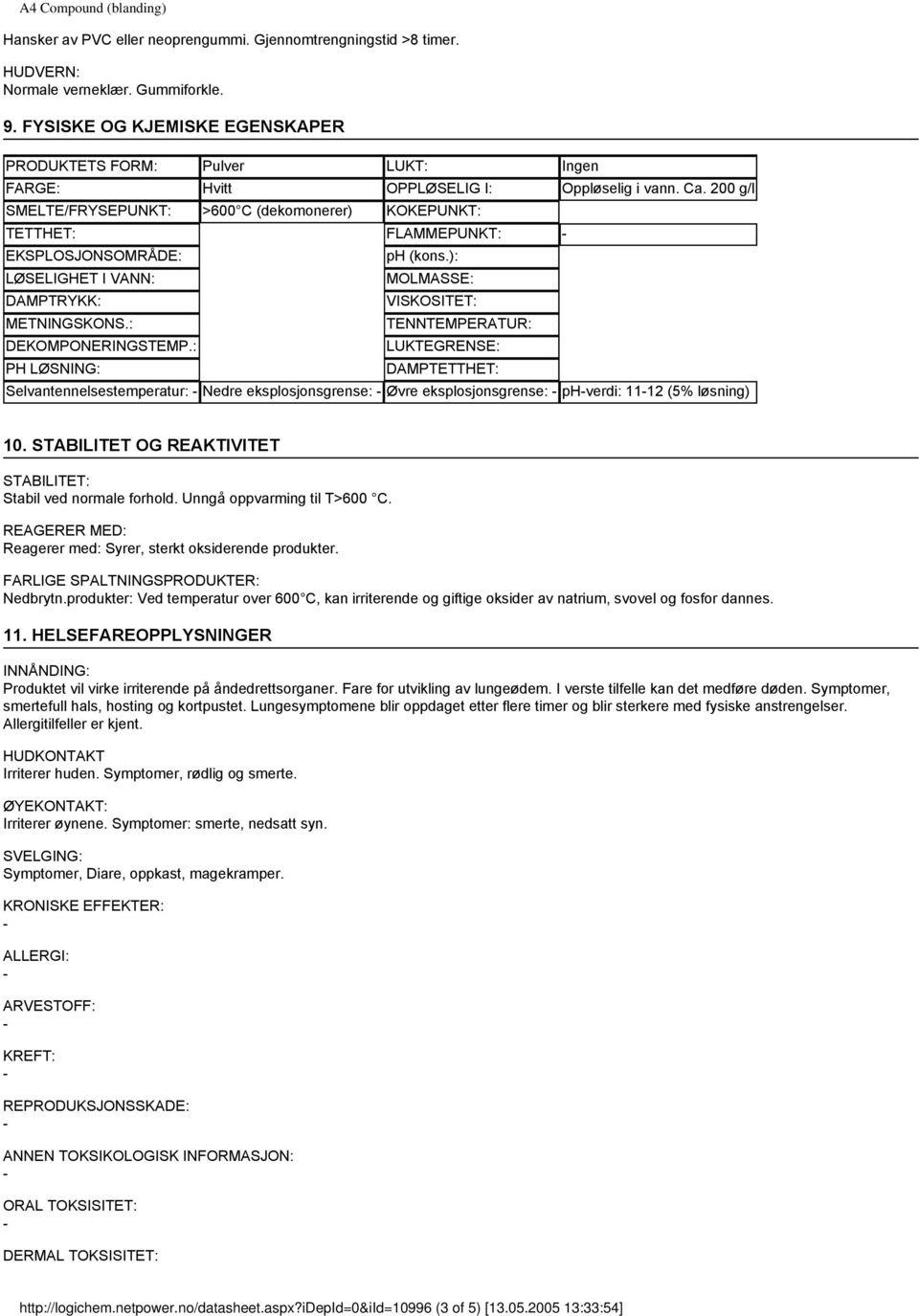 200 g/l SMELTE/FRYSEPUNKT: >600 C (dekomonerer) KOKEPUNKT: TETTHET: FLAMMEPUNKT: EKSPLOSJONSOMRÅDE: ph (kons.): LØSELIGHET I VANN: MOLMASSE: DAMPTRYKK: VISKOSITET: METNINGSKONS.