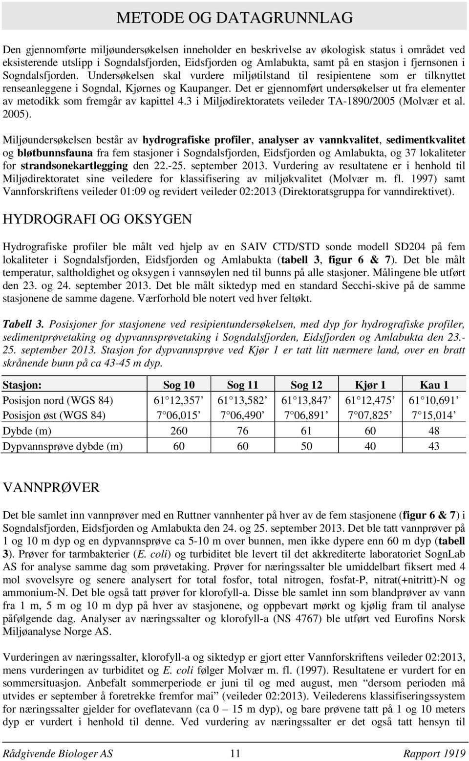 Det er gjennomført undersøkelser ut fra elementer av metodikk som fremgår av kapittel 4.3 i Miljødirektoratets veileder TA-1890/2005 (Molvær et al. 2005).
