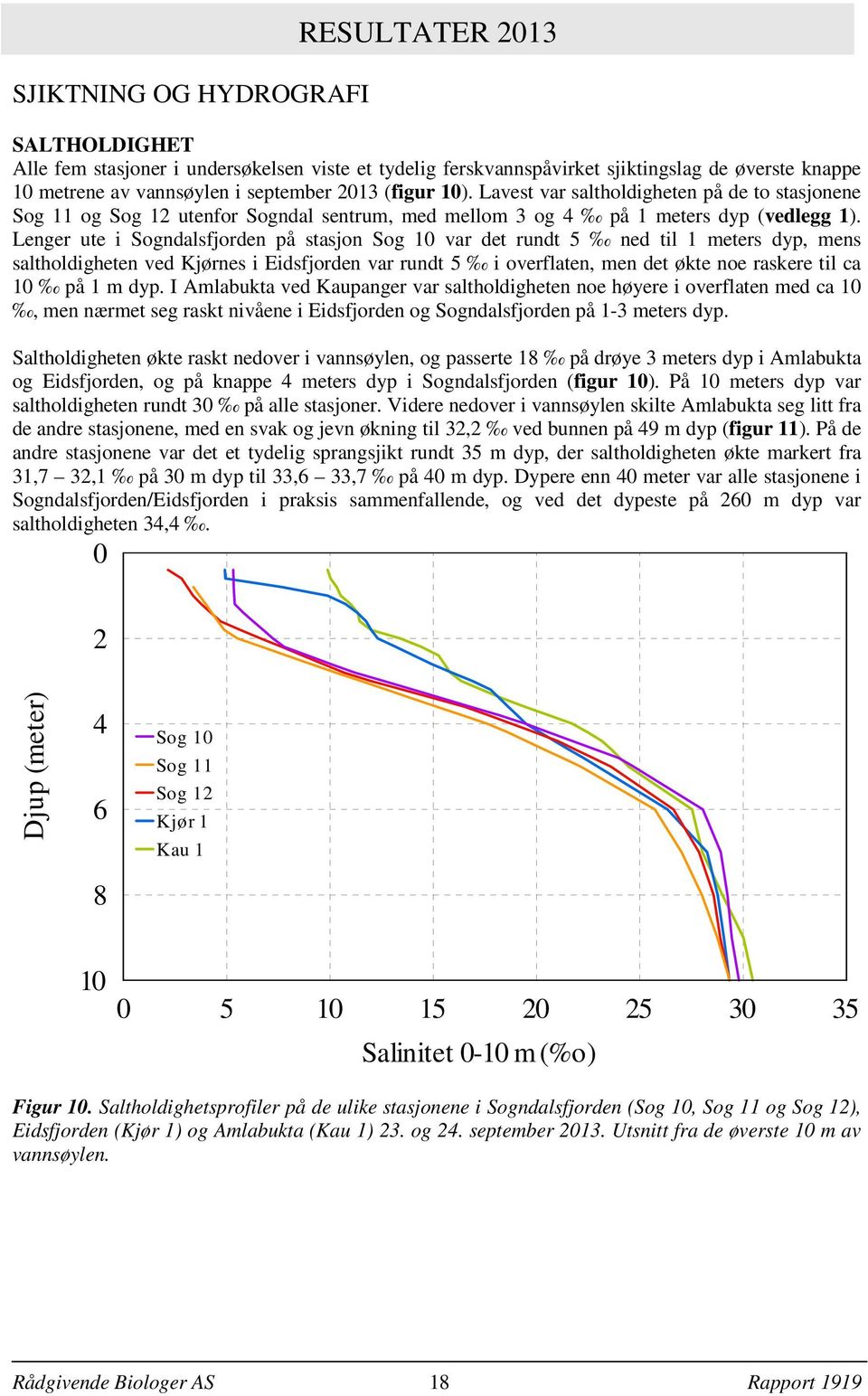 Lenger ute i Sogndalsfjorden på stasjon Sog 10 var det rundt 5 ned til 1 meters dyp, mens saltholdigheten ved Kjørnes i Eidsfjorden var rundt 5 i overflaten, men det økte noe raskere til ca 10 på 1 m