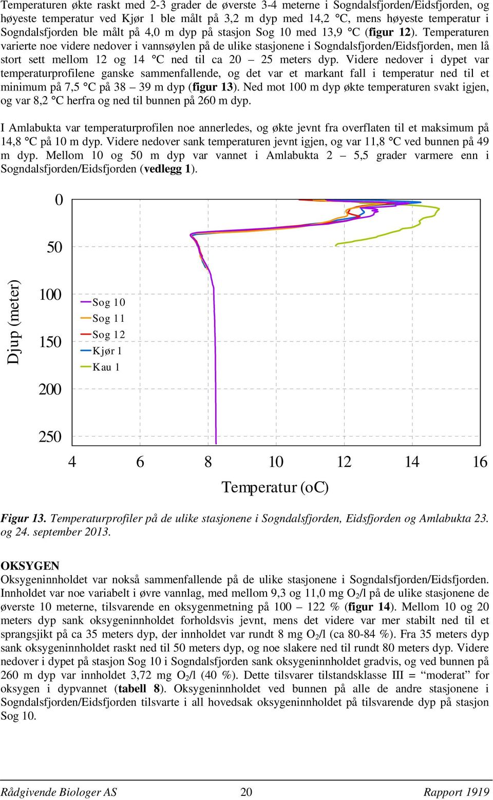 Temperaturen varierte noe videre nedover i vannsøylen på de ulike stasjonene i Sogndalsfjorden/Eidsfjorden, men lå stort sett mellom 12 og 14 C ned til ca 20 25 meters dyp.