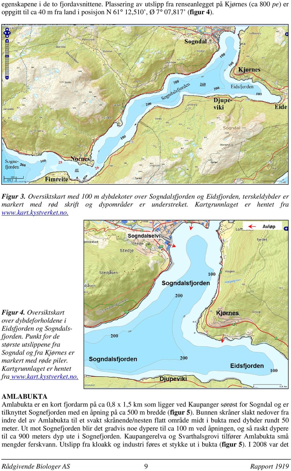 Figur 4. Oversiktskart over dybdeforholdene i Eidsfjorden og Sogndalsfjorden. Punkt for de største utslippene fra Sogndal og fra Kjørnes er markert med røde piler. Kartgrunnlaget er hentet fra www.