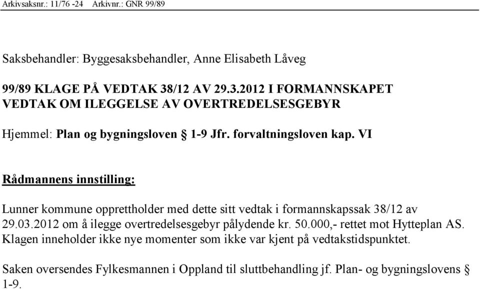 VI Rådmannens innstilling: Lunner kommune opprettholder med dette sitt vedtak i formannskapssak 38/12 av 29.03.